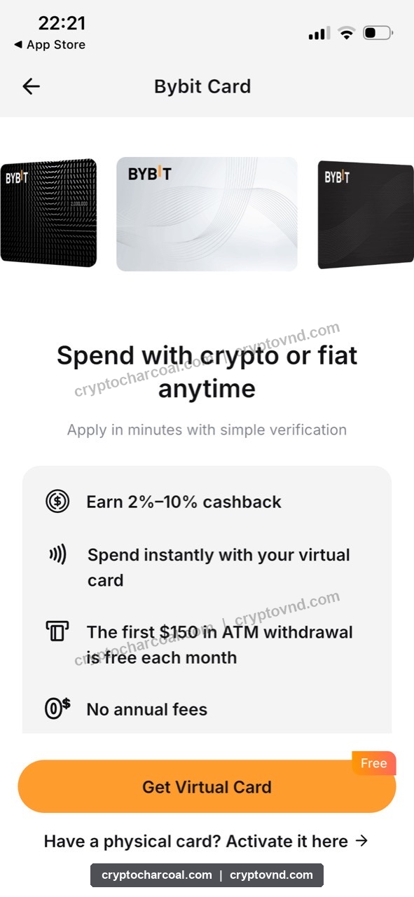 Bybit 앱에 표시된 가상카드 디자인