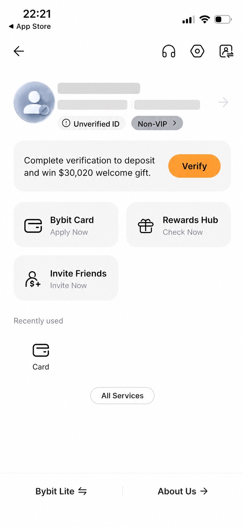 Bybit 프로필 화면에서 Bybit Card 메뉴가 보이는 모습