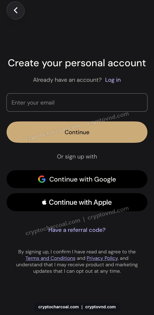 이더파이 Personal 가입 화면과 Have a referral code 메뉴