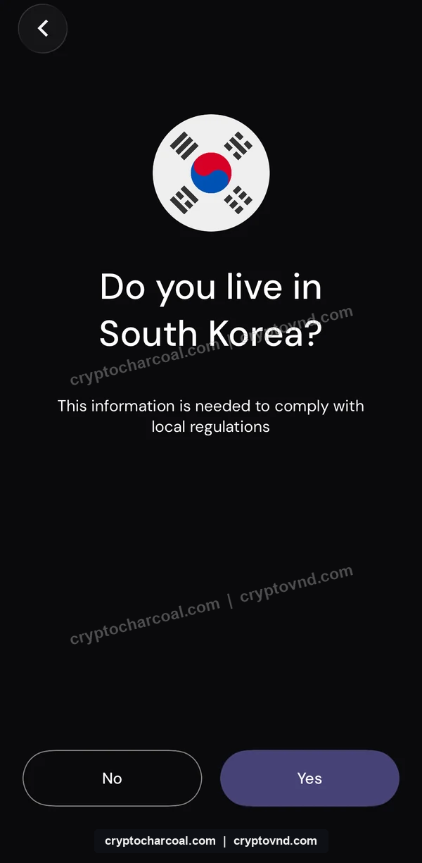 이더파이 앱에서 South Korea 거주 여부를 선택하는 화면