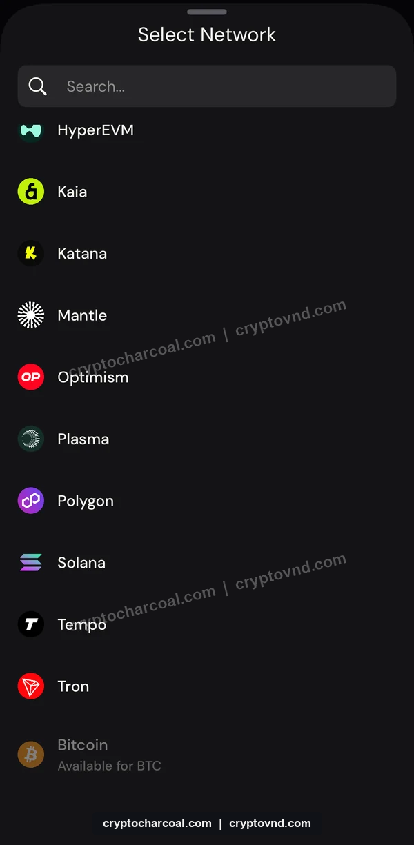 이더파이 입금 네트워크 목록의 Kaia와 Tron