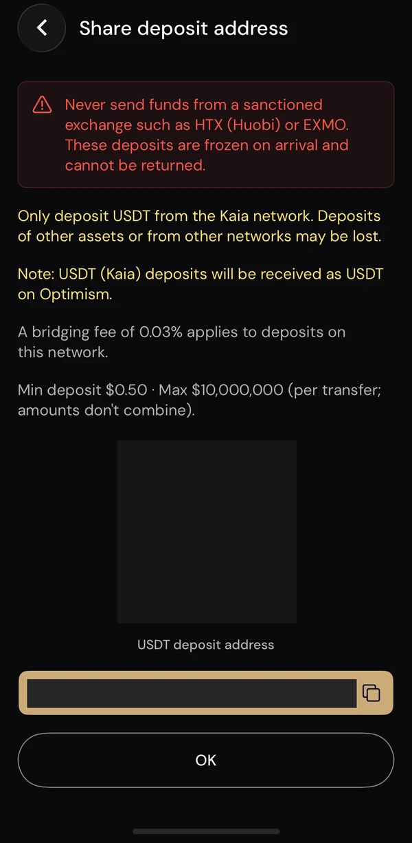 이더파이 USDT Kaia 입금 조건과 비식별 처리된 개인 주소 및 QR