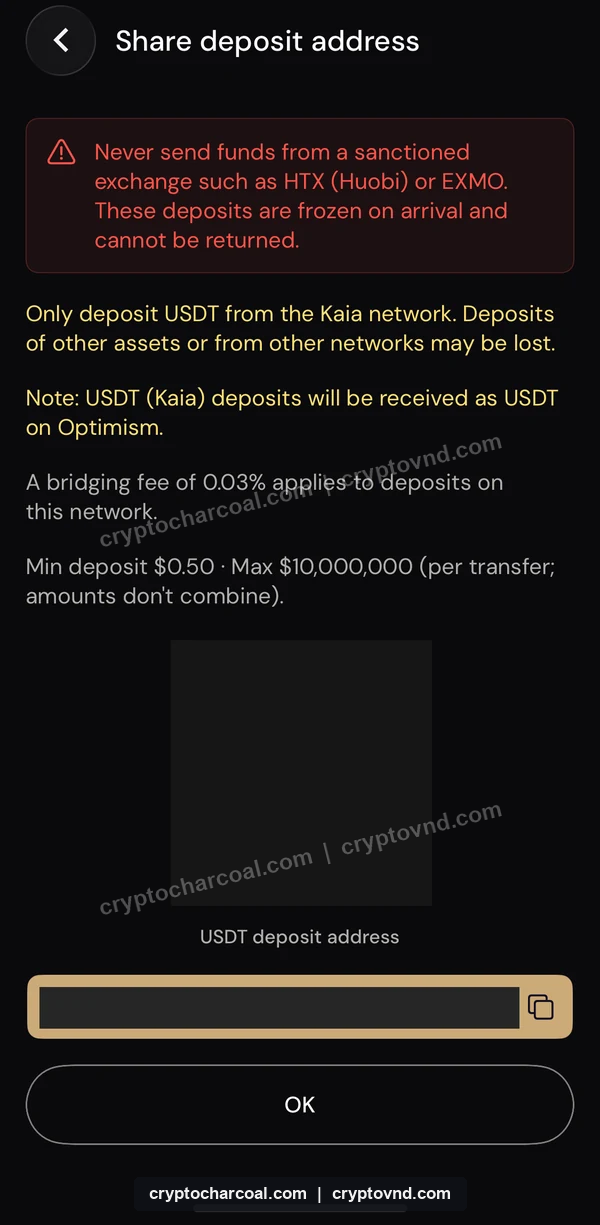 이더파이 USDT Kaia 입금 조건과 비식별 처리된 개인 주소 및 QR