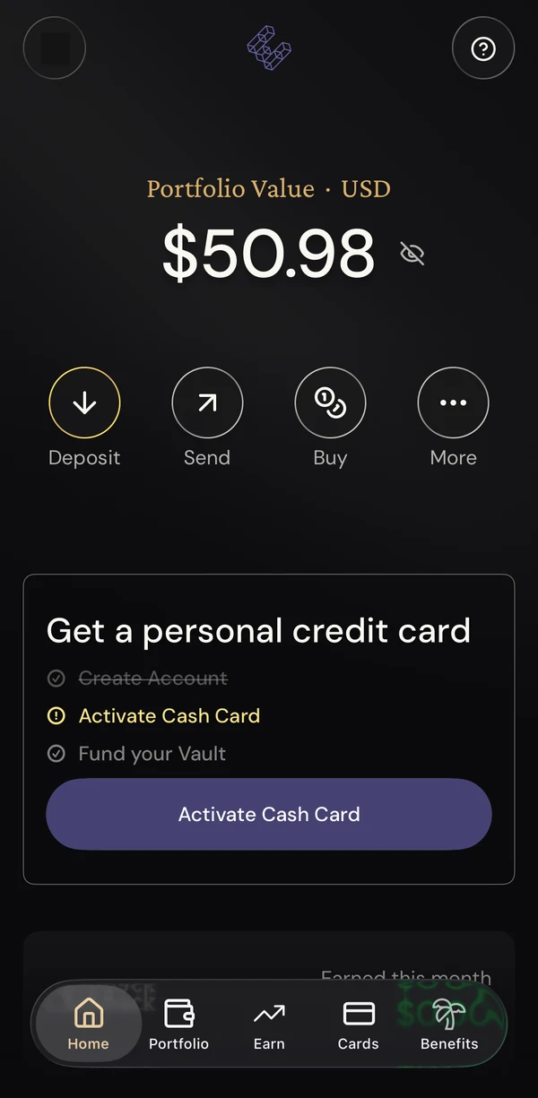 입금 후 이더파이 Home의 잔액과 Activate Cash Card 버튼