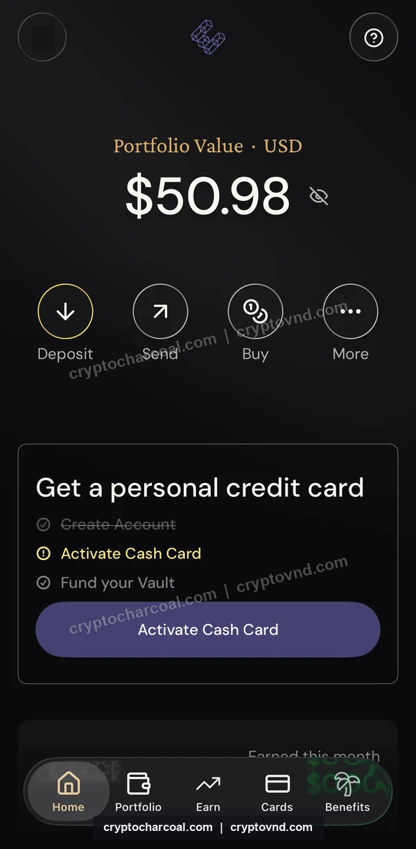 입금 후 이더파이 Home의 잔액과 Activate Cash Card 버튼