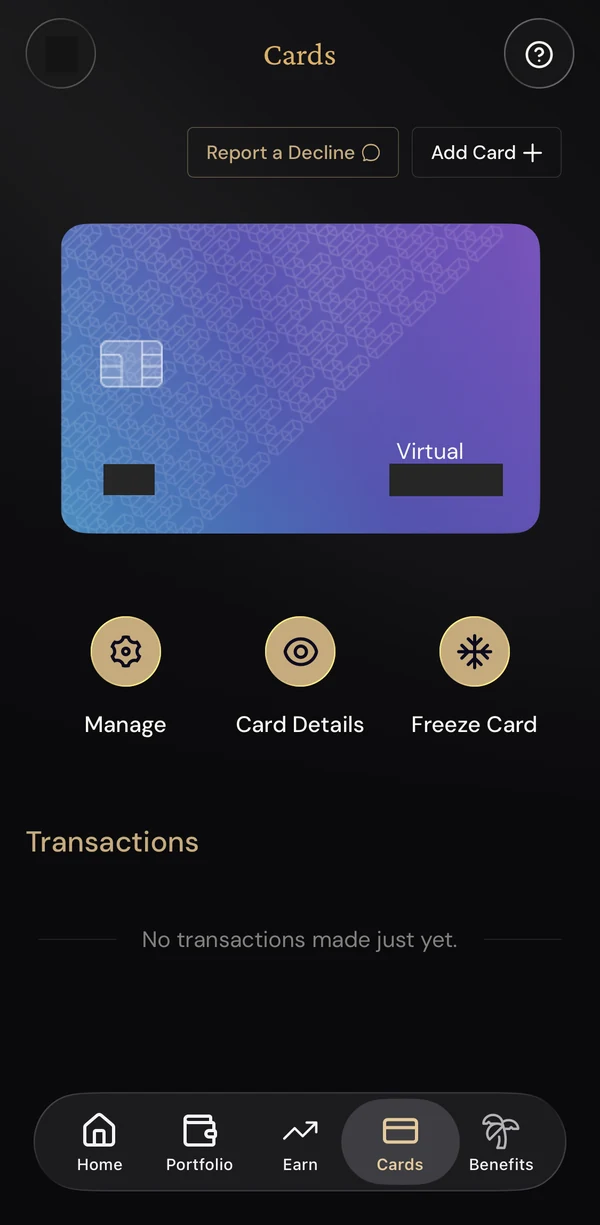 발급된 이더파이 가상카드의 Manage Card Details Freeze Card 화면