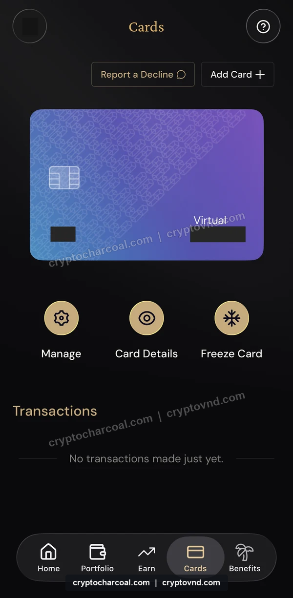 발급된 이더파이 가상카드의 Manage Card Details Freeze Card 화면